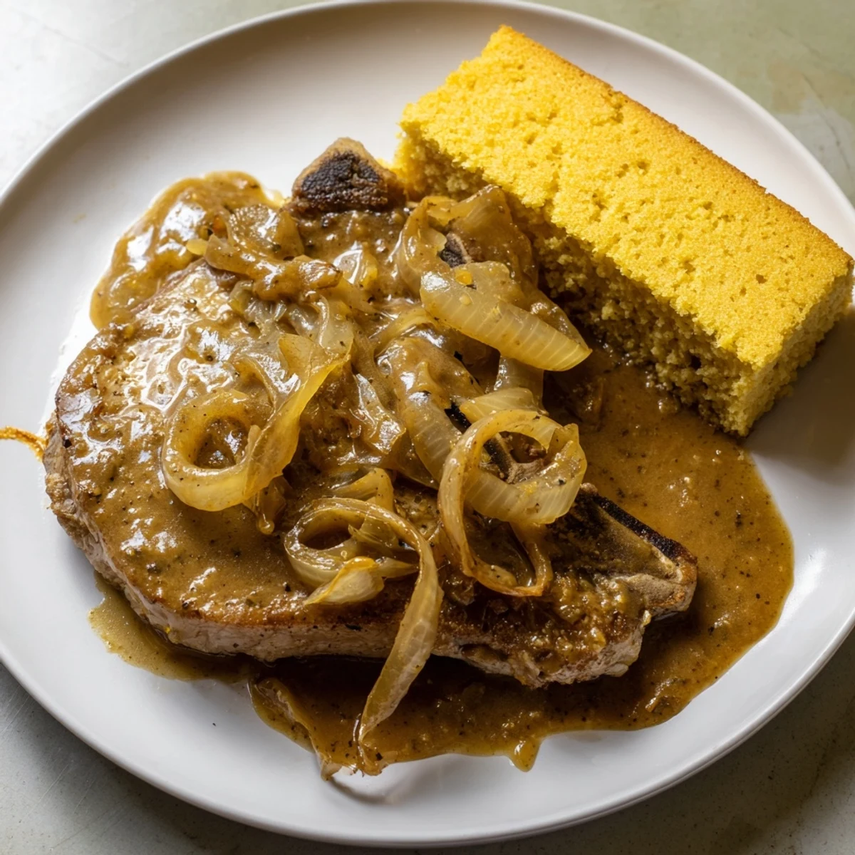 Golden-brown Smothered Pork Chops & Cornbread, showcasing a hearty Southern dish with juicy pork and moist cornbread.