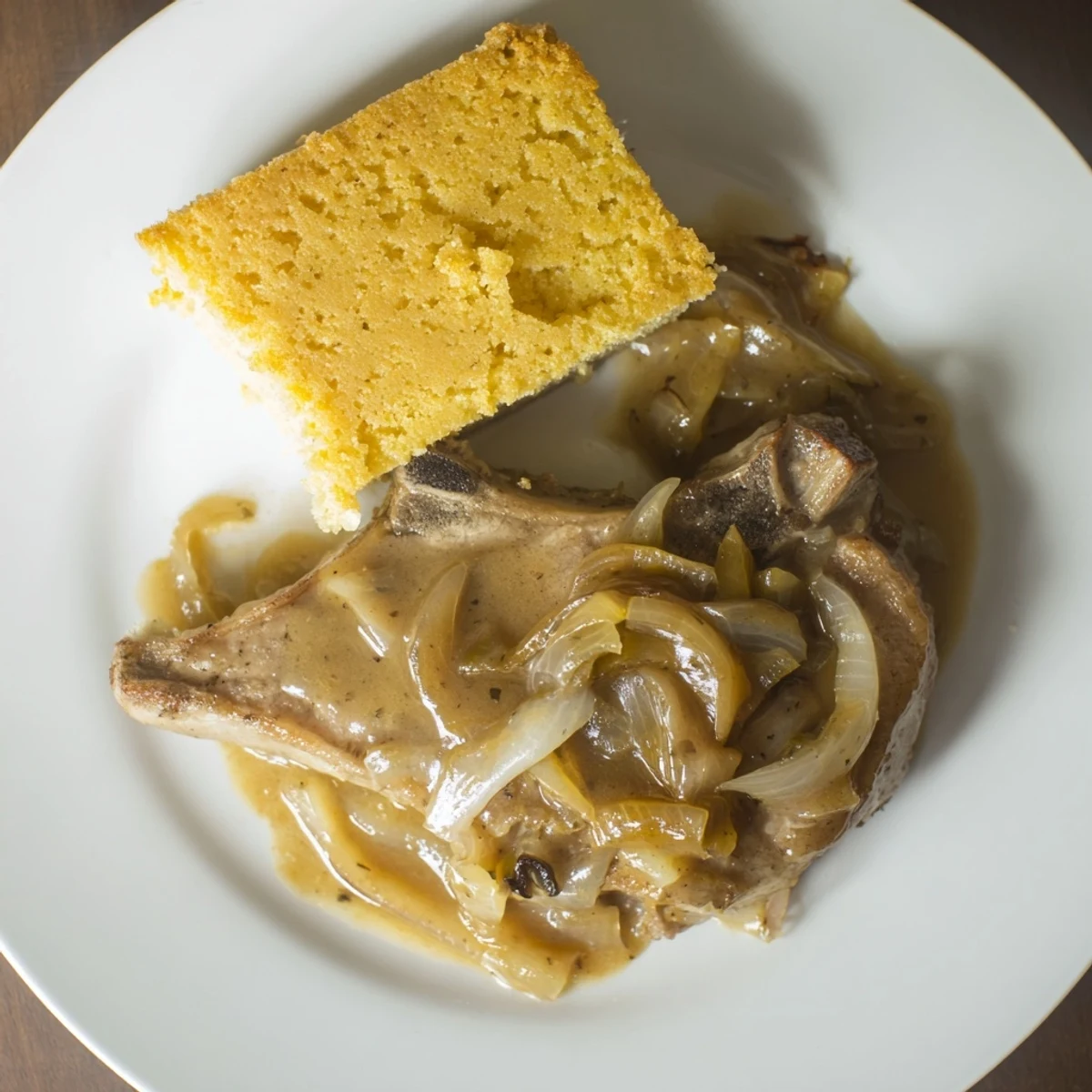 A close-up of steaming Smothered Pork Chops & Cornbread brings the savory gravy and fluffy cornbread into view.