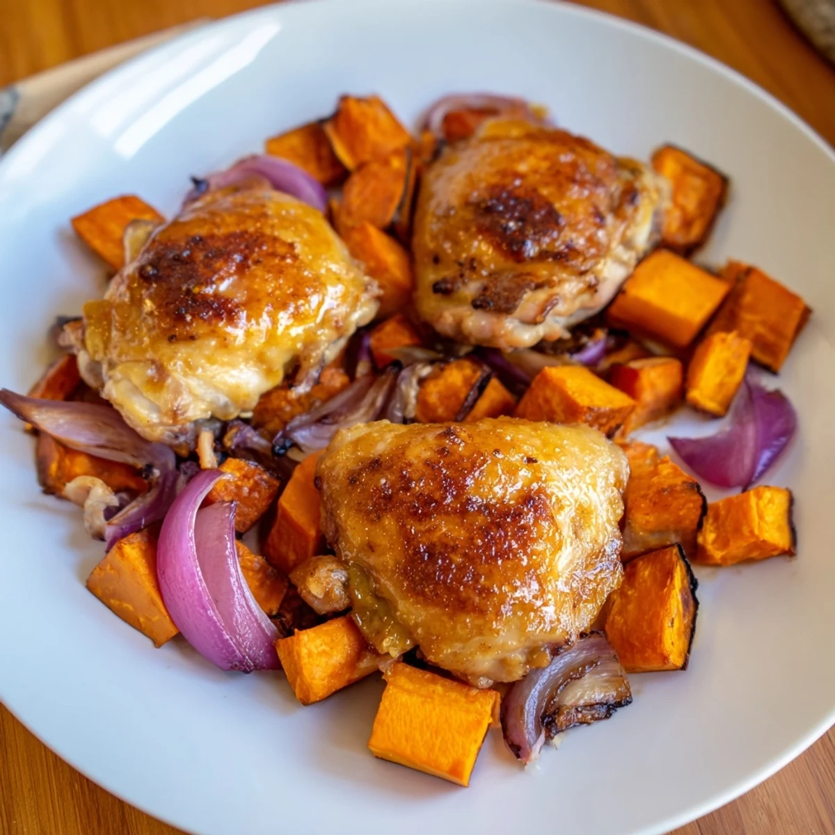 A close-up of Maple Glazed Chicken & Sweet Potato Bake, showing tender chicken and caramelized sweet potatoes.