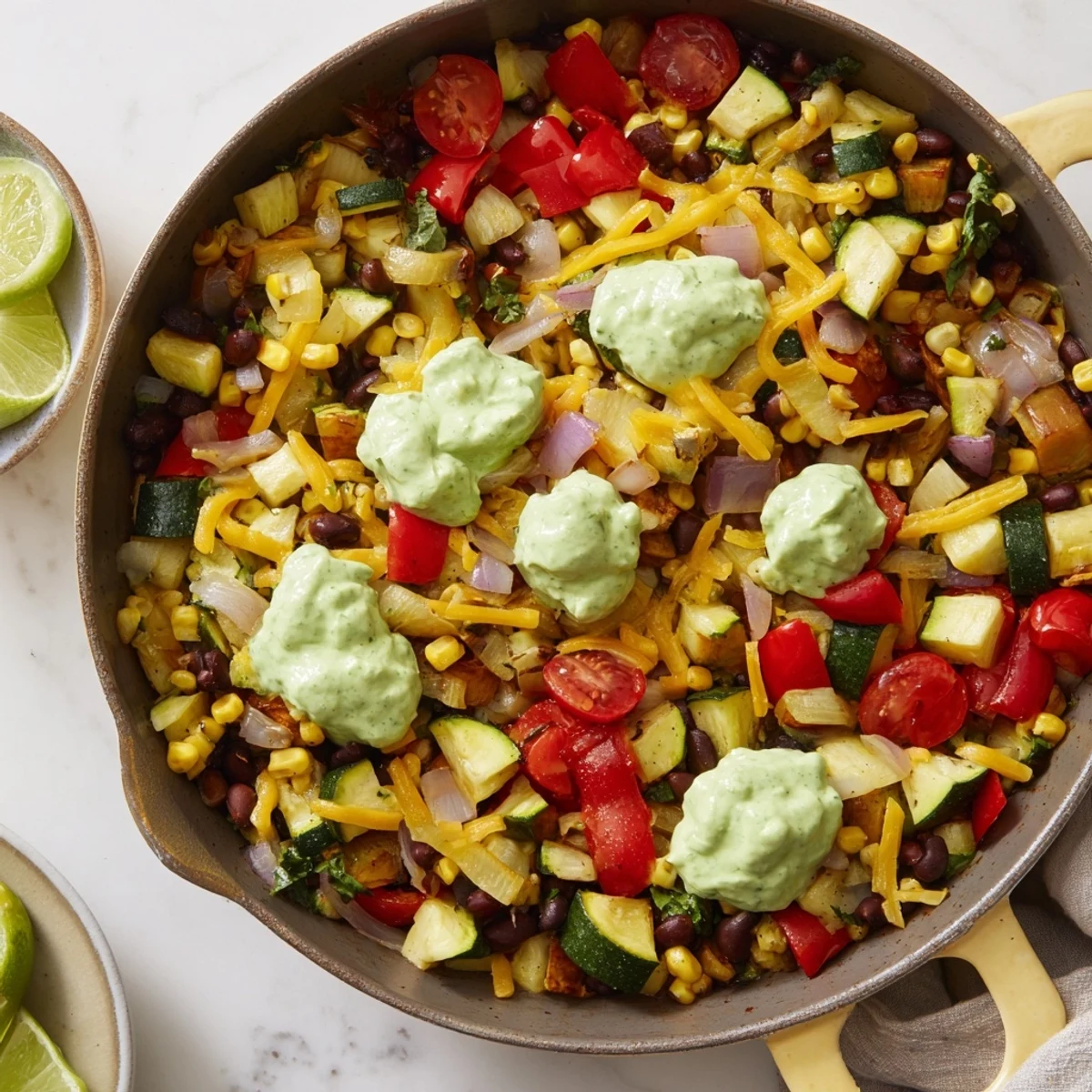 Colorful veggie-packed taco skillet recipe with fresh vegetables and creamy avocado yogurt, delicious!