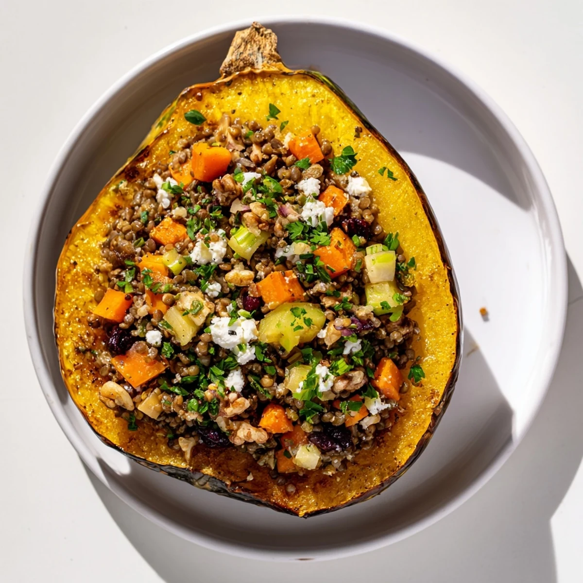 Golden-baked Lentil & Walnut Stuffed Acorn Squash, a vegetarian delight ready to enjoy!