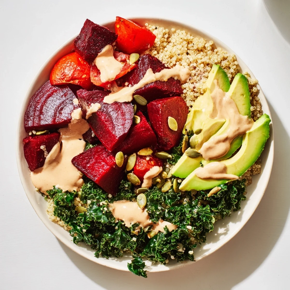 A visually appealing Quinoa, Kale & Roasted Beet Bowl featuring colorful roasted beets and creamy tahini dressing.