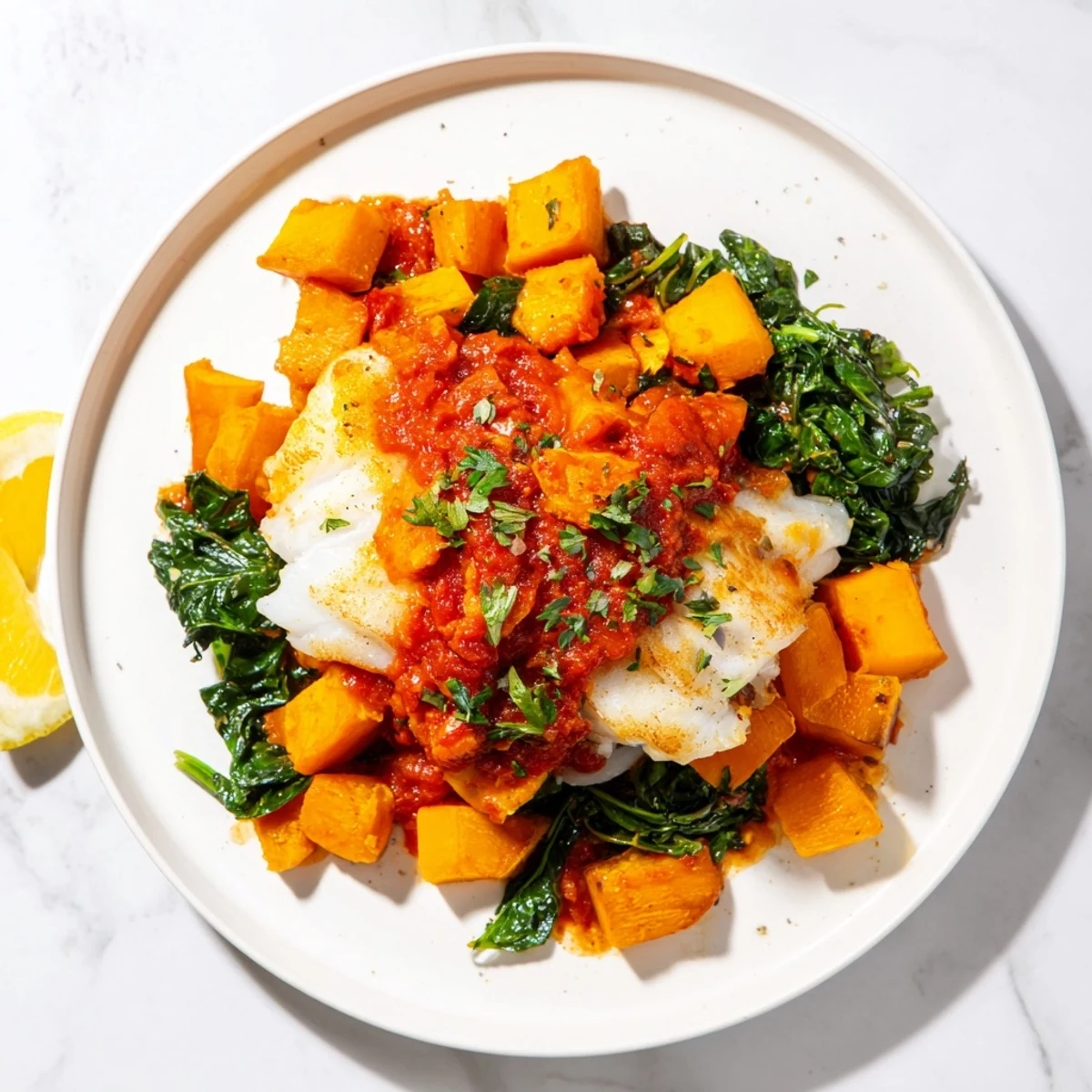 Golden baked cod with butternut squash and spinach, all resting in rich tomato-herb sauce.