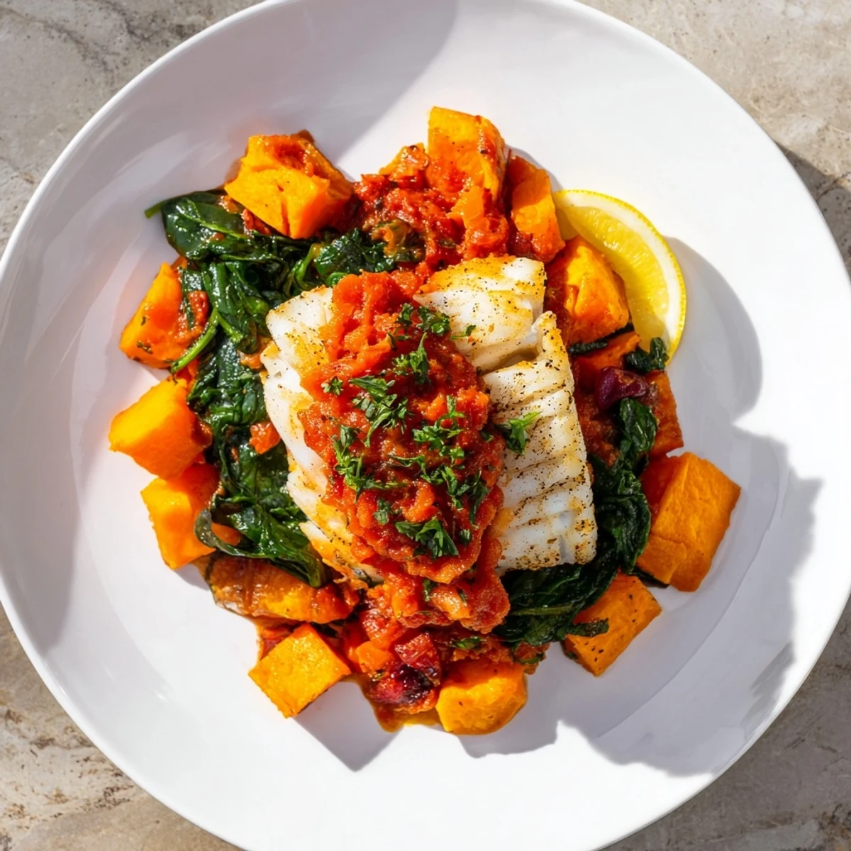 Vibrant Baked Cod with butternut squash and spinach, served with fresh parsley and lemon wedges nearby.