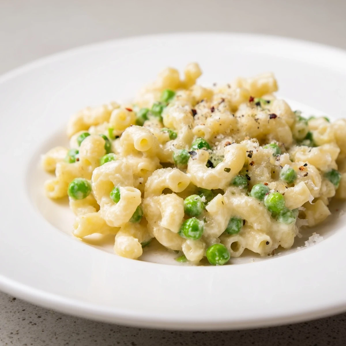 Creamy macaroni & peas, a comforting bowl of pasta with parmesan cheese, ready to eat.