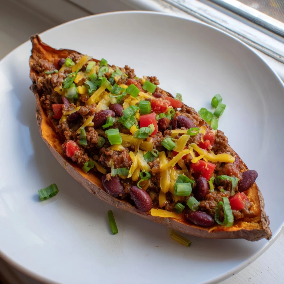 Steaming baked sweet potatoes brimming with homemade chili, topped with vibrant green herbs.