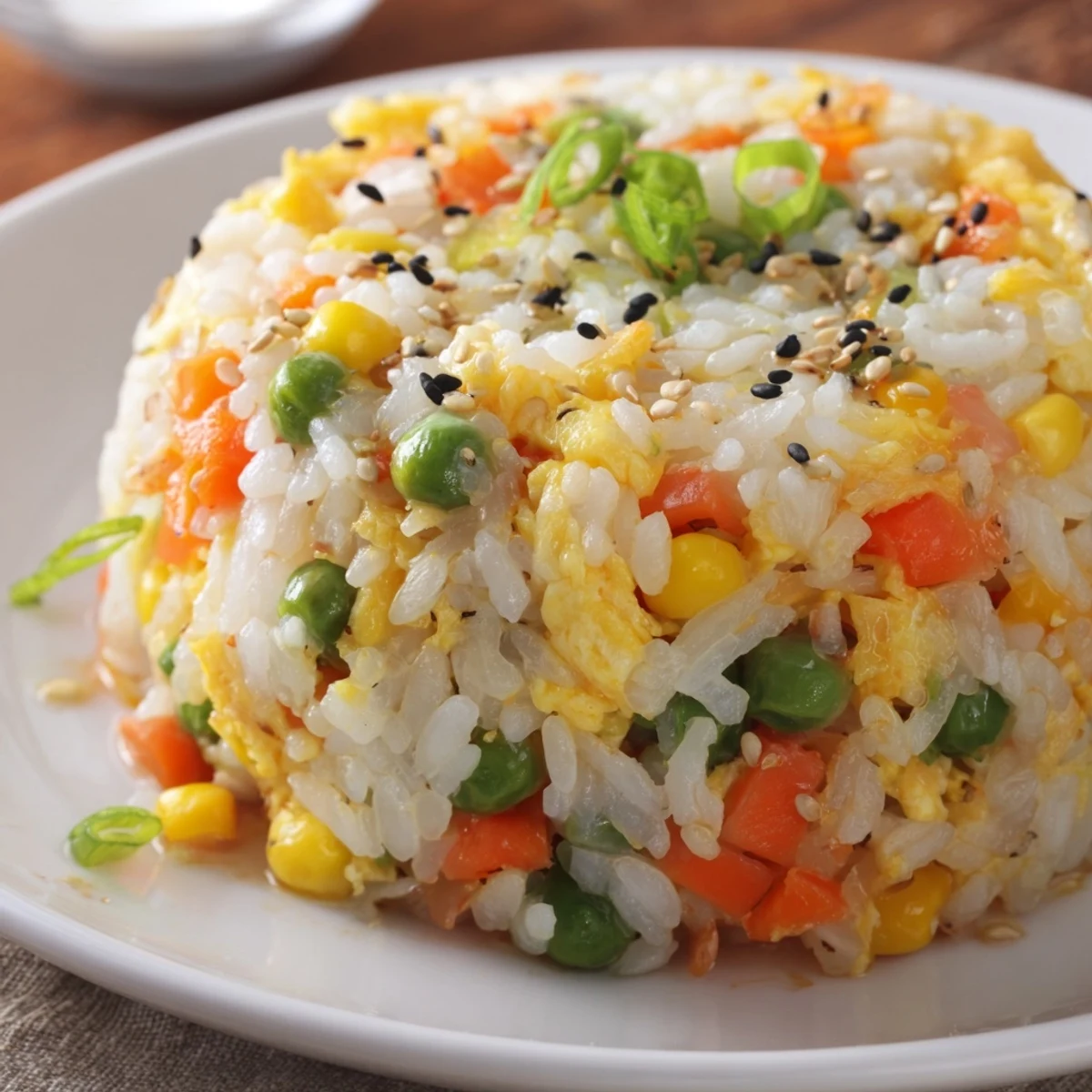 Steaming bowl of delicious frozen veggie fried rice with visible fluffy eggs and vibrant vegetables.