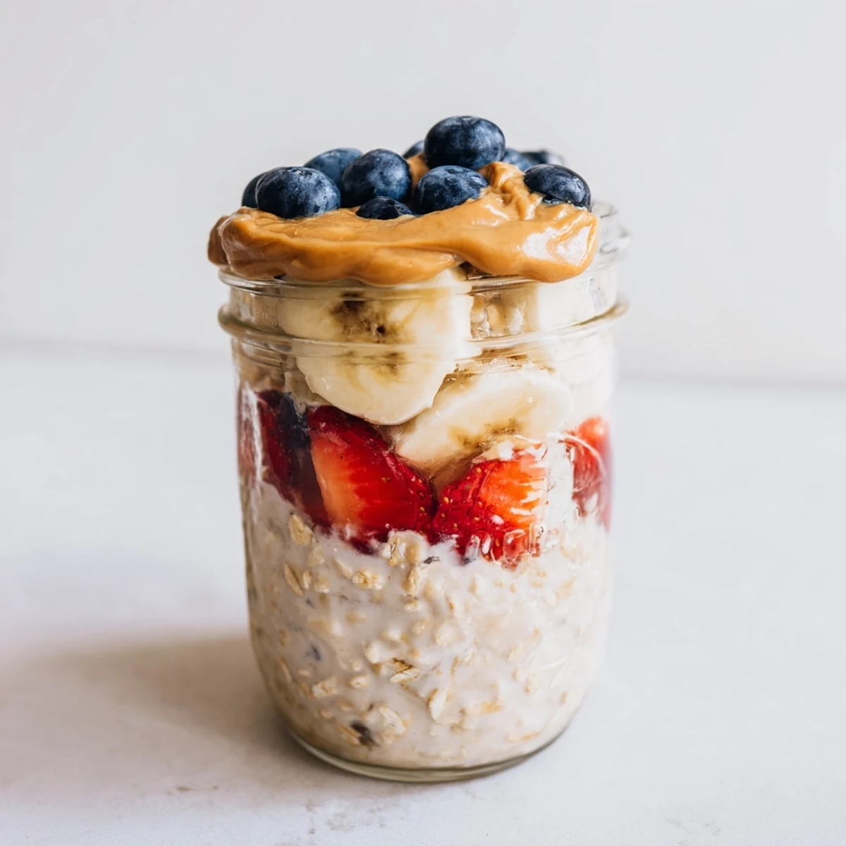 Overnight Oats jars with colorful layers of fruit and creamy peanut butter, perfect for a grab-and-go breakfast.