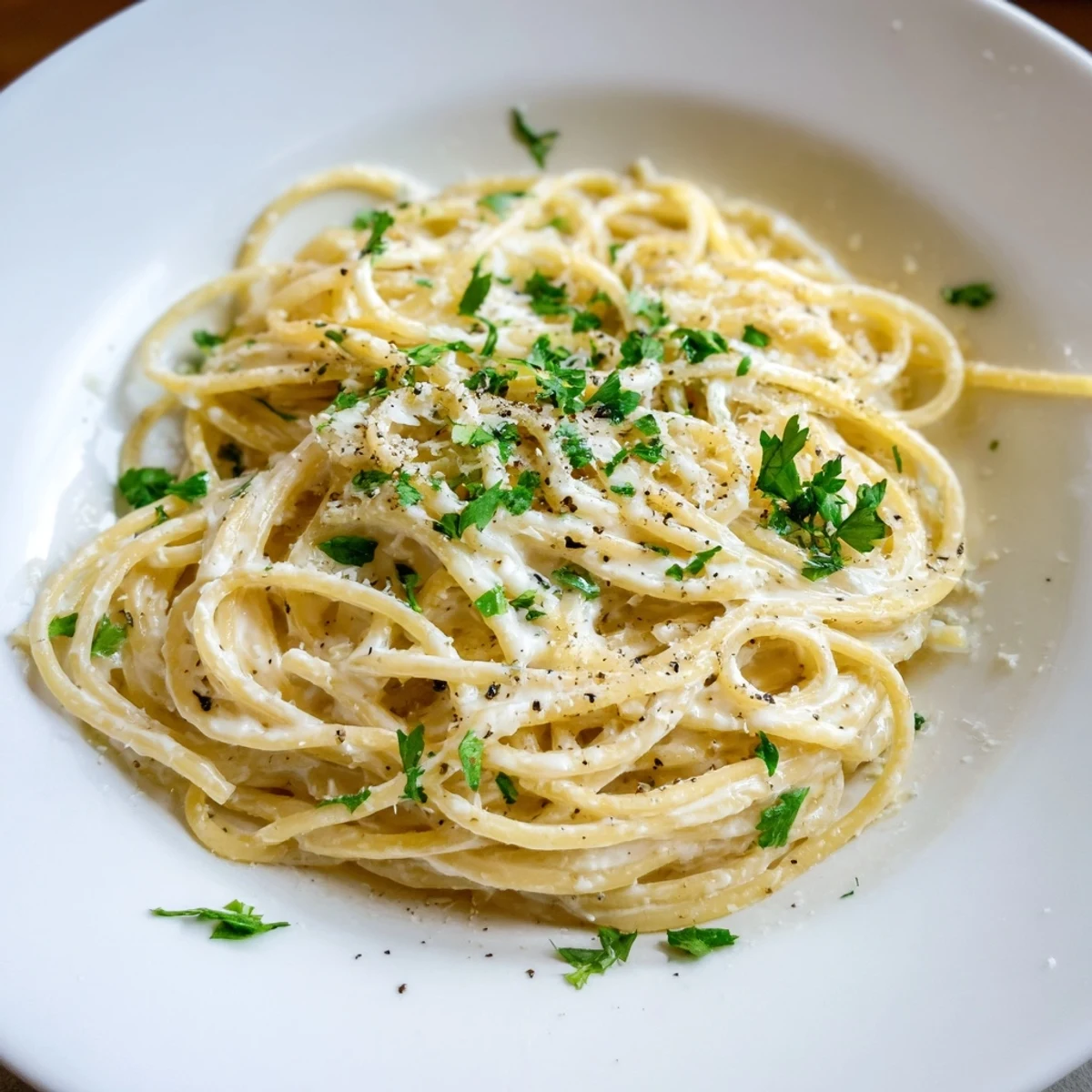 A close-up of Creamy Three-Cheese Spaghetti, perfectly plated and ready to enjoy with garnishes.
