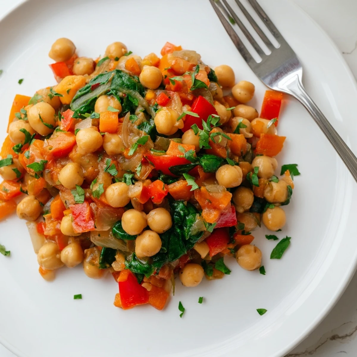 Golden-hued Vegetarian Chickpea & Spinach Skillet, perfect for a cozy, flavorful, and filling dinner.