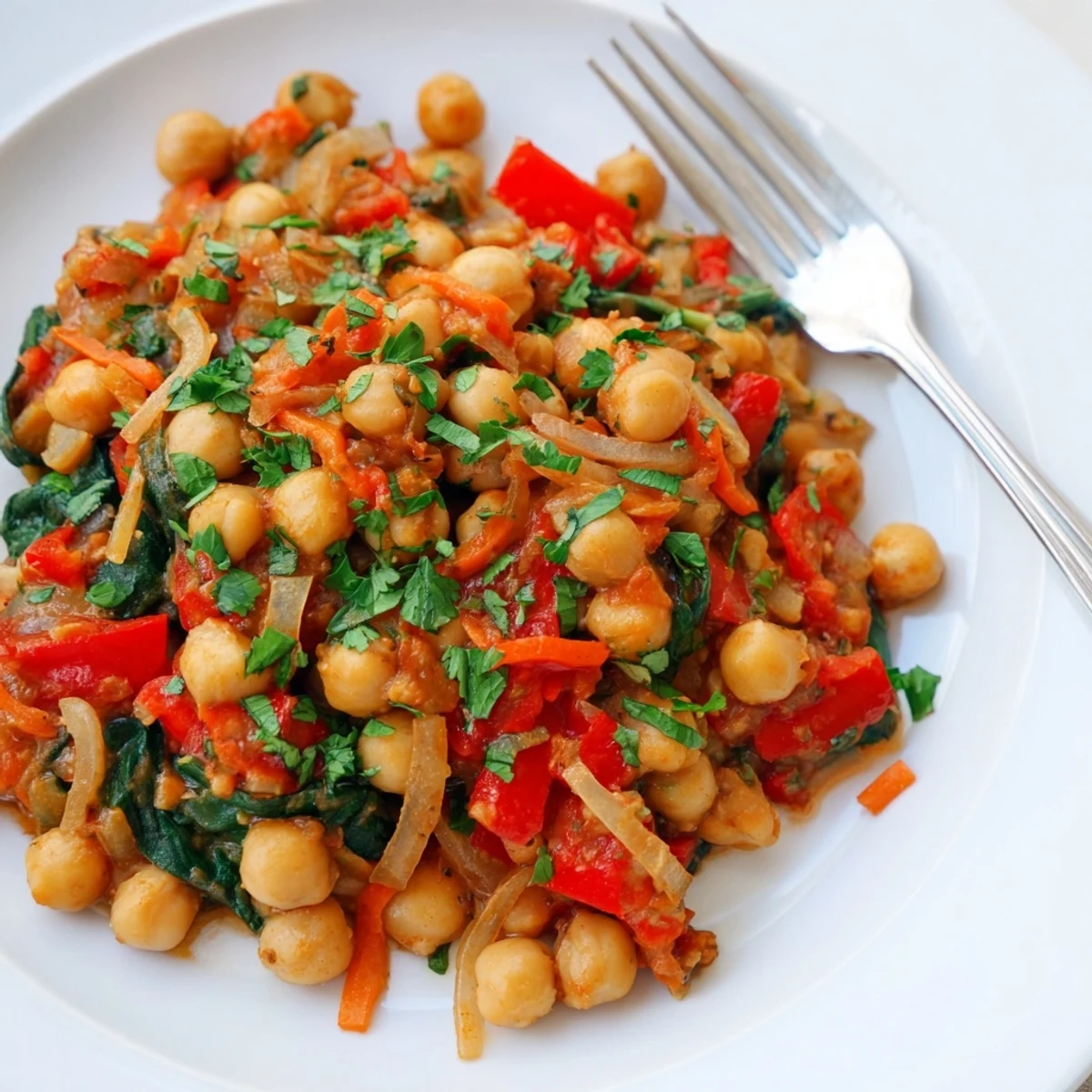 Savory Vegetarian Chickpea & Spinach Skillet, offering a taste of the Mediterranean with every delicious bite.