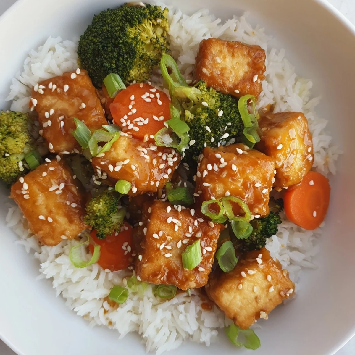 Golden, crispy sesame tofu and broccoli, a delicious vegetarian meal served over fluffy rice.