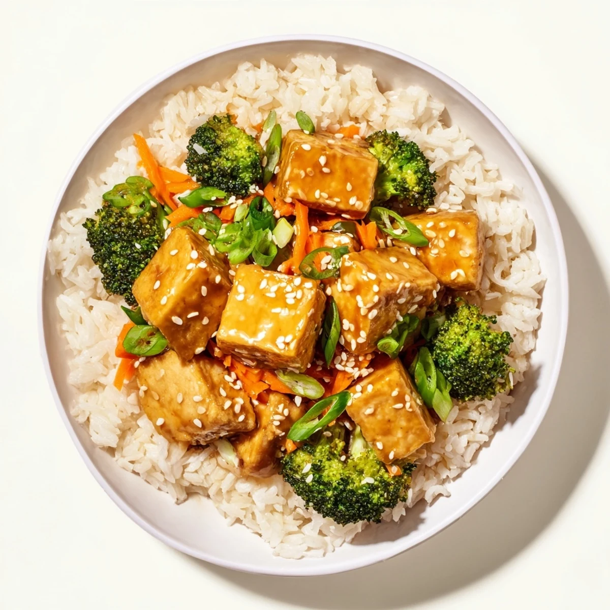 A vibrant bowl of sesame tofu & broccoli with rice, showcasing tender veggies and sesame seeds.