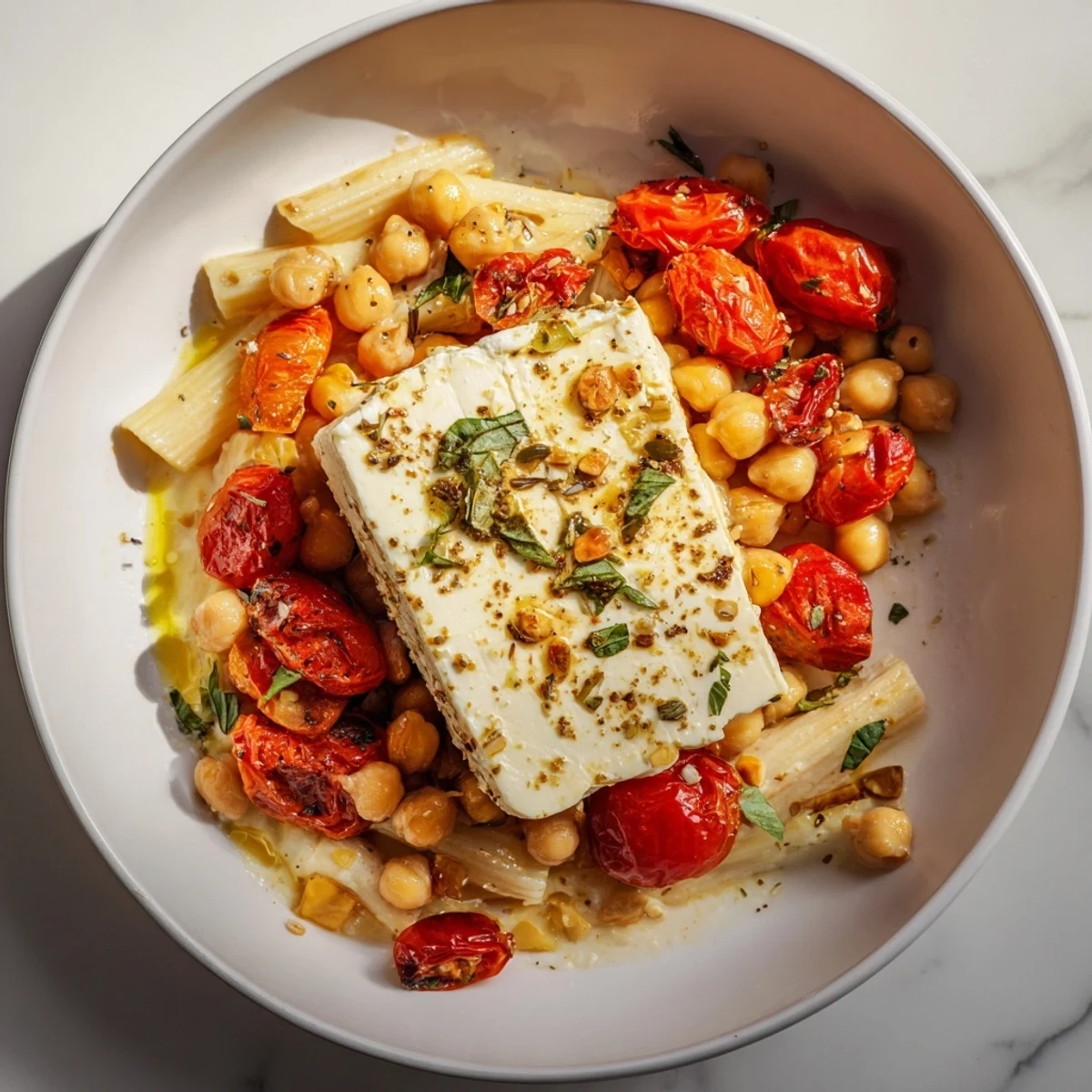 Golden-brown baked feta chickpeas & tomatoes, a delicious vegetarian meal served over pasta.