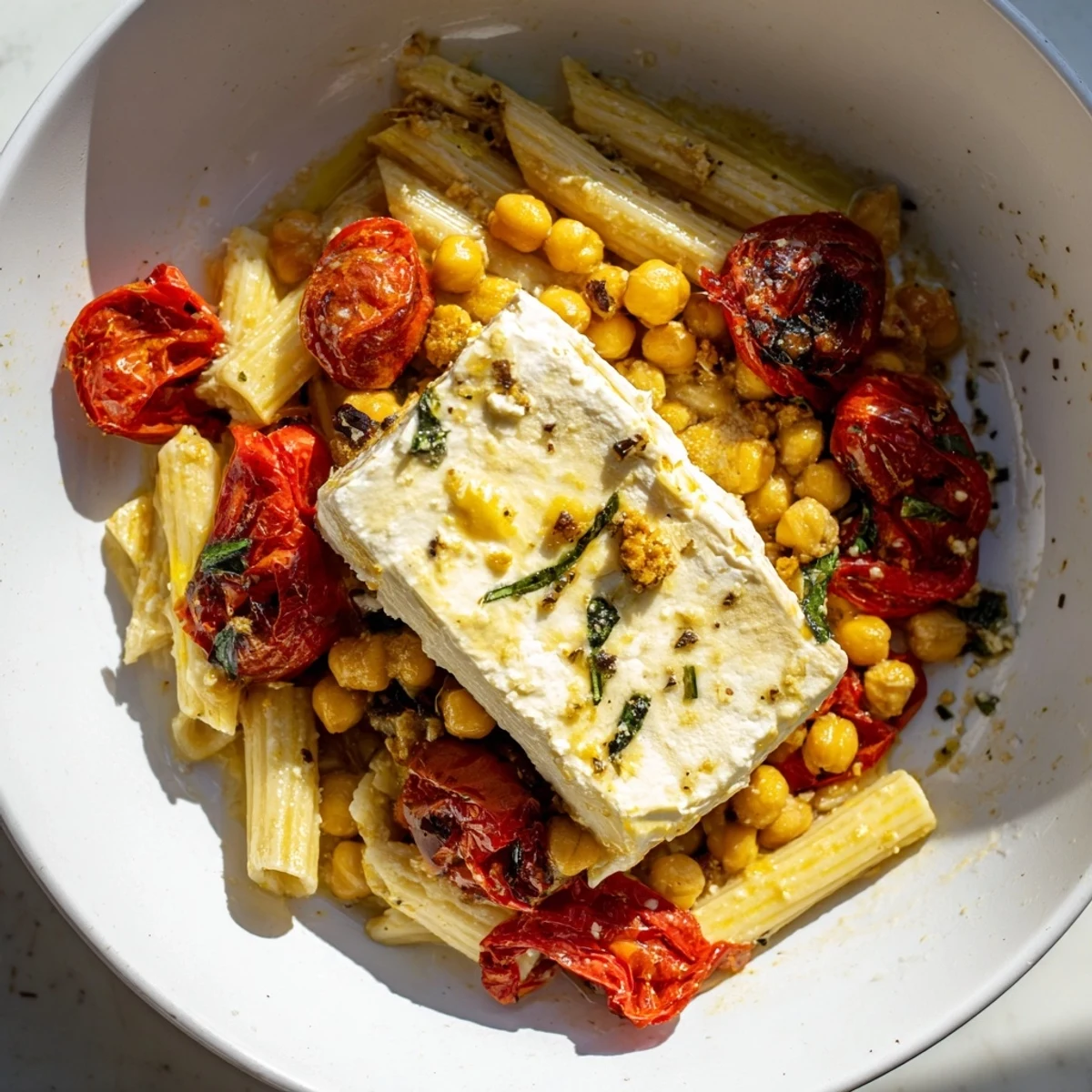 Fragrant baked feta chickpea and tomato pasta, garnished with fresh herbs for serving.
