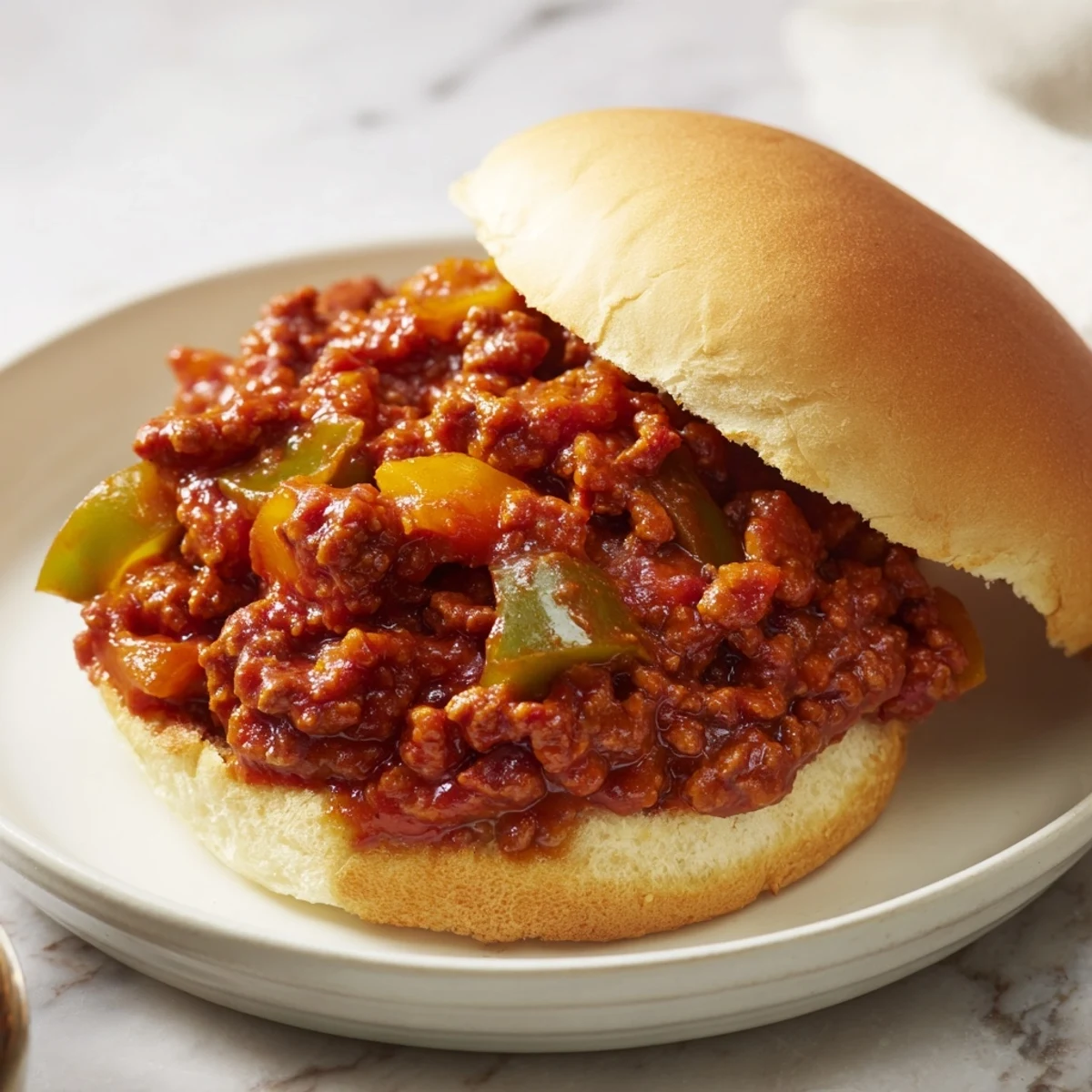 A close-up of classic Sloppy Joes: ground beef in a rich sauce, ready to be devoured at dinner.
