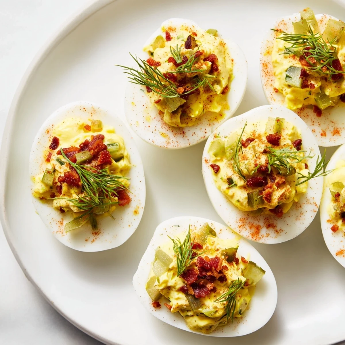 Close-up of fully loaded deviled eggs, highlighting textures with paprika and fresh herbs.