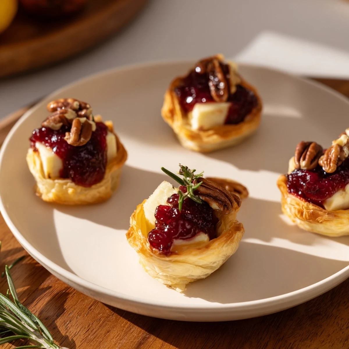 Festive spread of golden Quick Cranberry Brie Bites, showcasing creamy Brie, cranberry sauce, and toasty pecans.