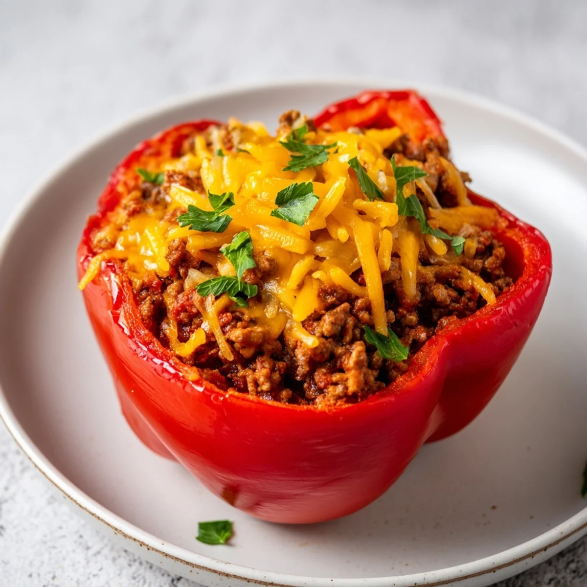 Sloppy Joe Stuffed Peppers bubbling in a baking dish, a delicious and easy American comfort food.