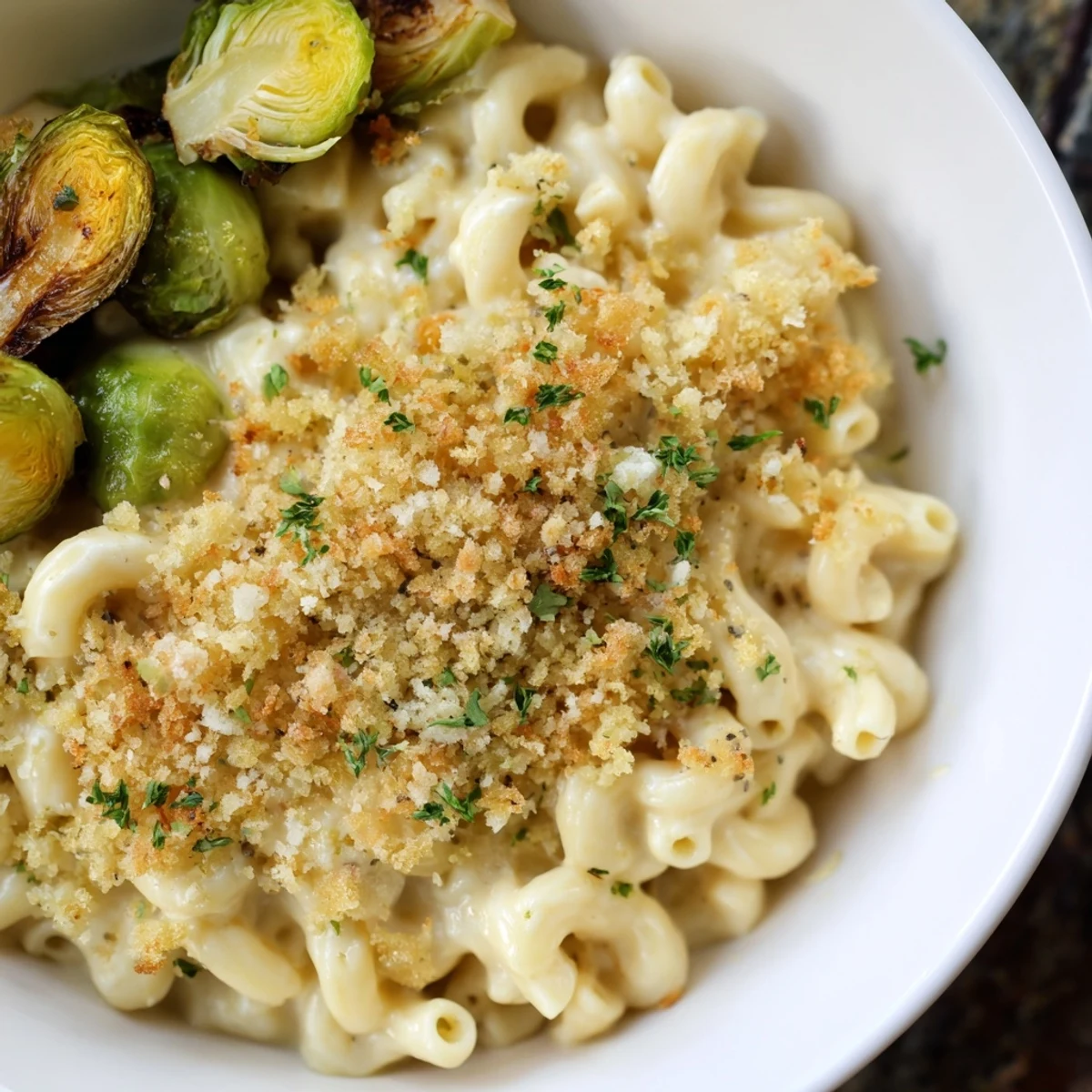 A sheet pan full of creamy Sheet Pan Mac and Cheese, featuring roasted Brussels sprouts and golden panko.