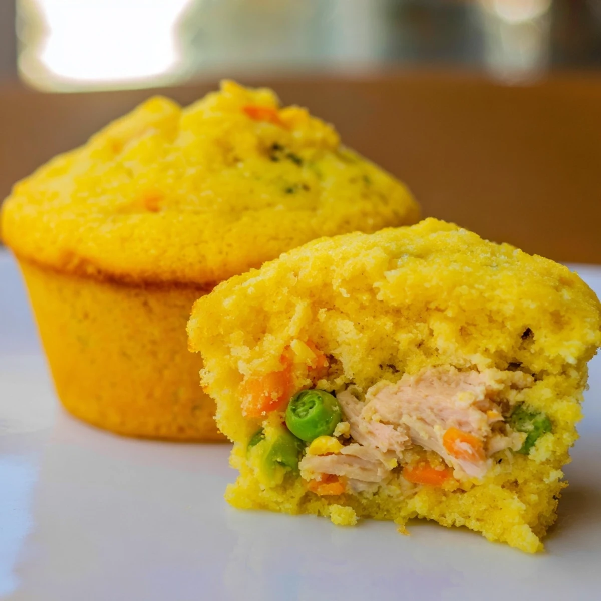 Close-up of a plated Mini Chicken Pot Pie Cornbread Muffin showing the delicious filling.