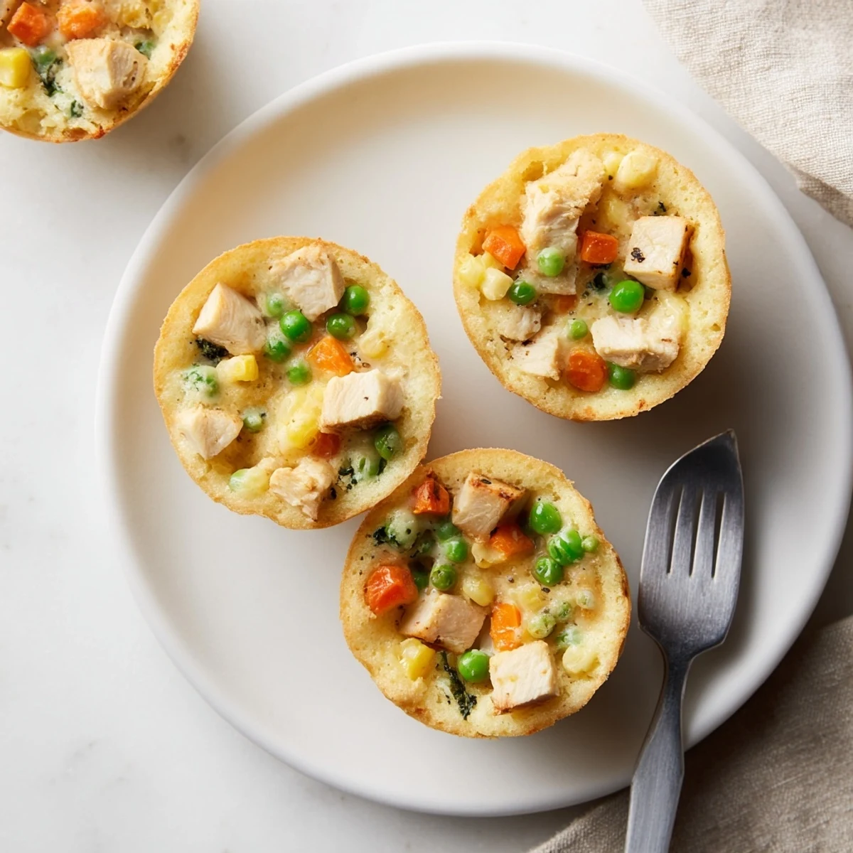 Golden-brown Mini Chicken Pot Pie Cornbread Muffins, baked to perfection with a savory chicken filling.