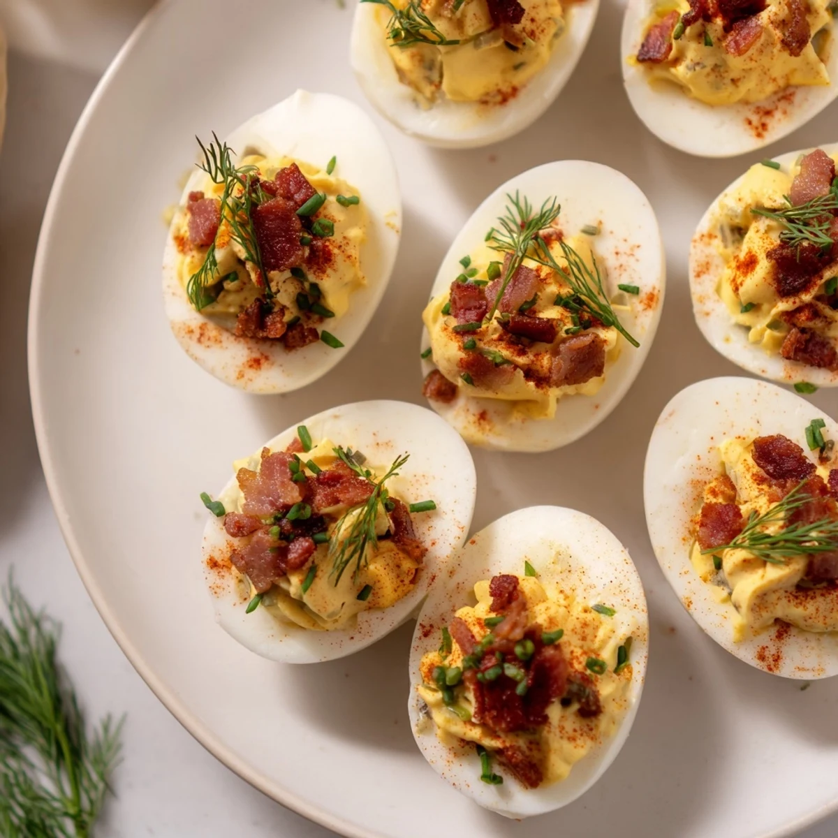 Creamy loaded deviled eggs, topped with smoked paprika, bacon bits, and fresh dill ready to serve.