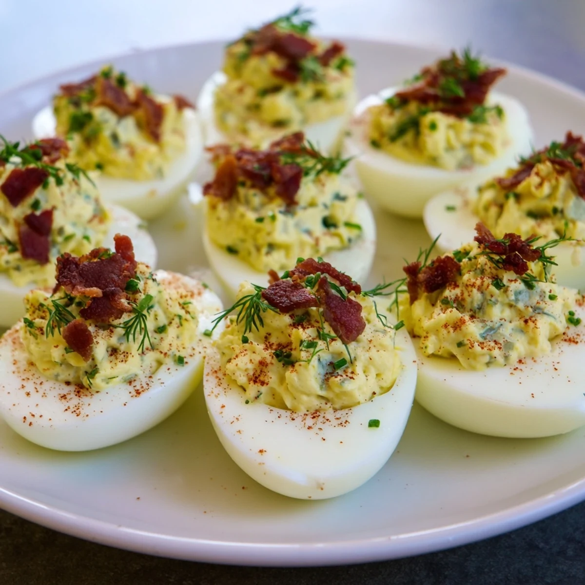 A close-up shot of loaded deviled eggs with vibrant yellow filling and crispy bacon garnish.