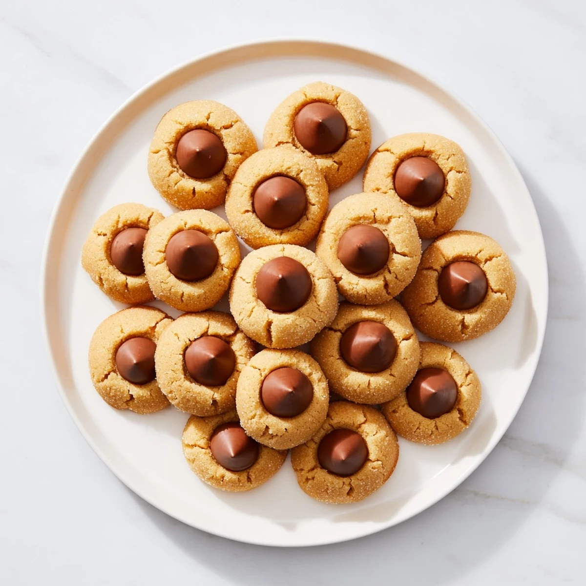Golden-brown 3-Ingredient Peanut Butter Blossoms, with soft edges and a melty chocolate kiss on top.