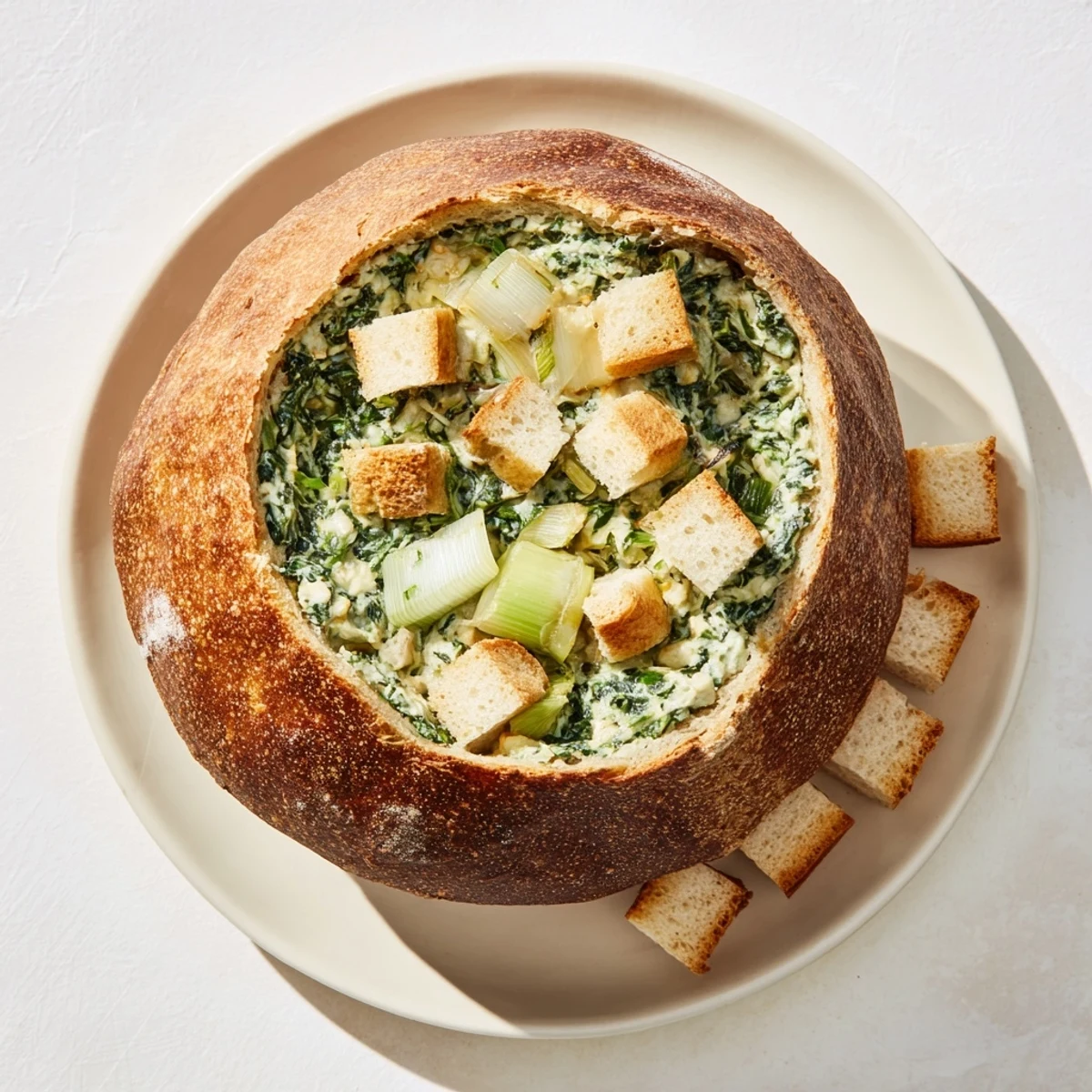 A close-up shot of The Best Spinach Dip Ever, overflowing from a hollowed-out bread bowl, ready to eat.
