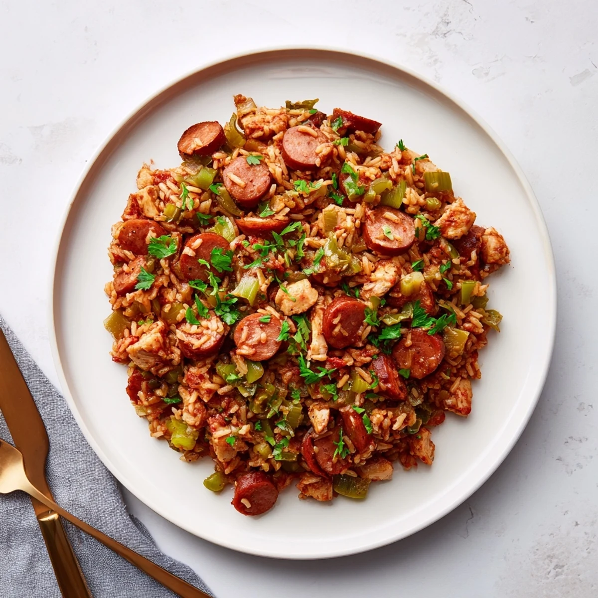 Oven-baked Simple Chicken and Sausage Jambalaya Bake, showcasing a rich, tomato-based rice dish.