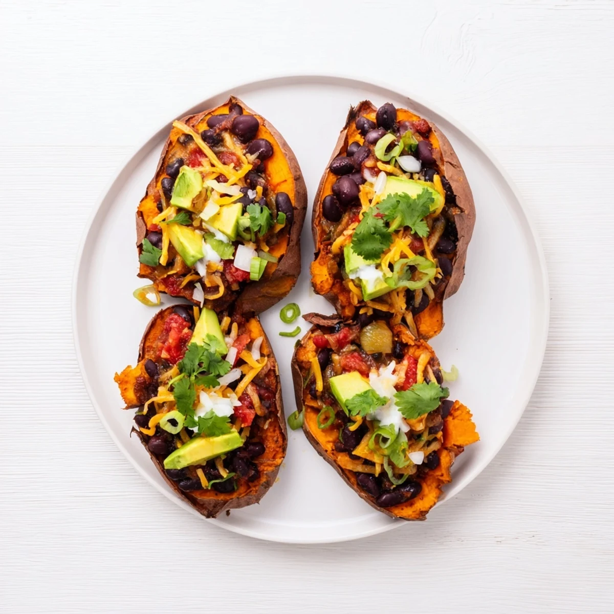 Steaming Savory Baked Sweet Potato Chili Boats filled with a hearty chili and fresh, bright toppings.