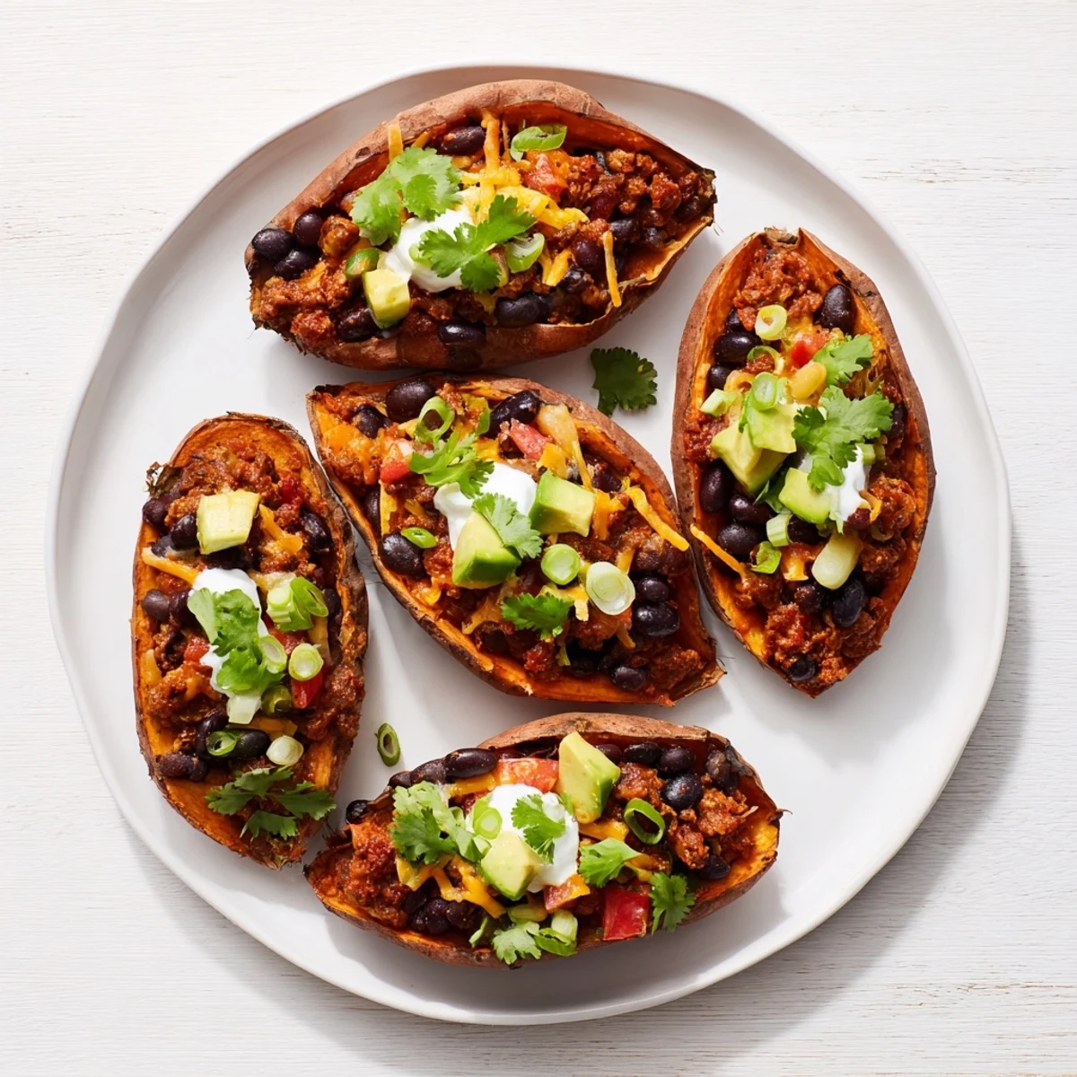 A close-up of a fully loaded Savory Baked Sweet Potato Chili Boat, overflowing with beans and toppings.