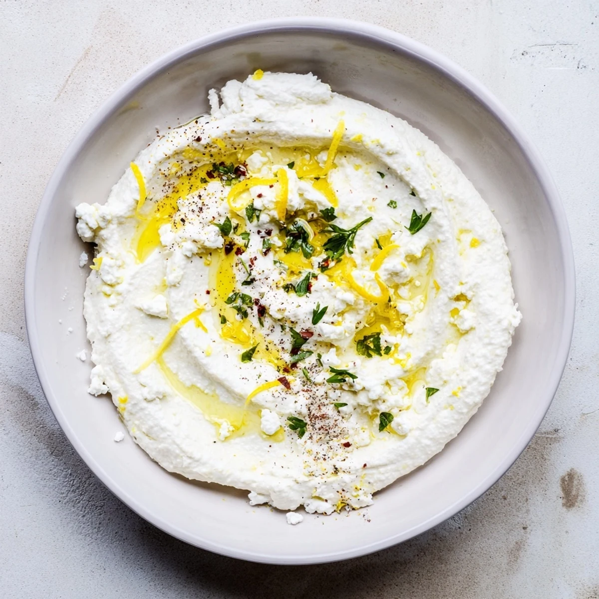 Creamy whipped feta dip, perfectly blended with Greek seasoning, ready to serve with pita chips.