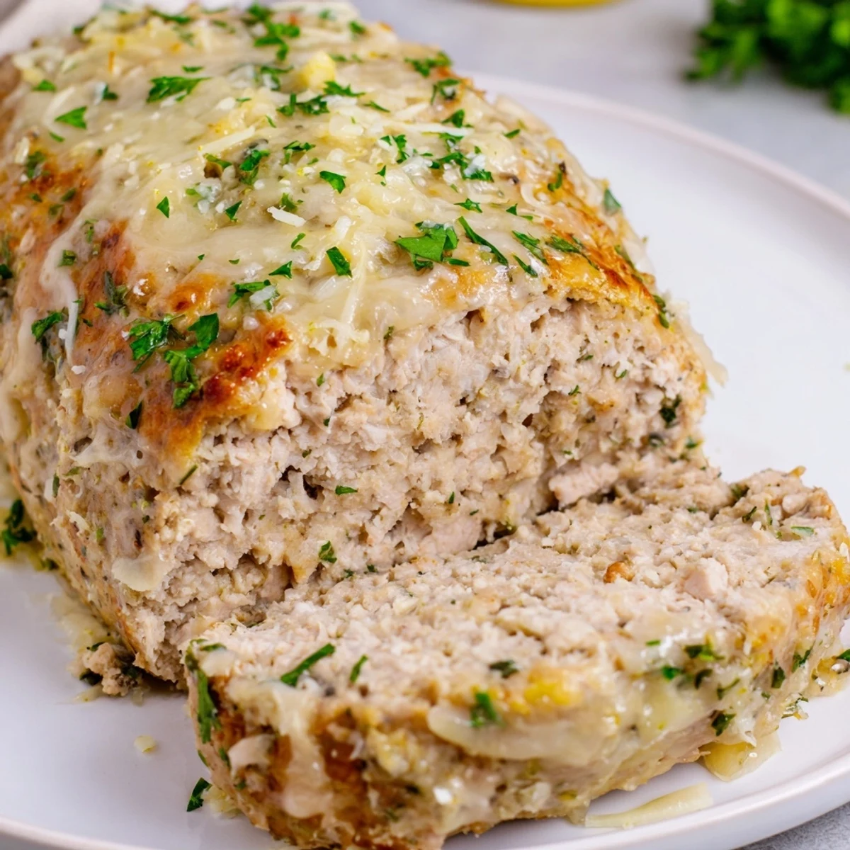Golden-brown, savory Garlic Parmesan Chicken Meatloaf, smelling of garlic and herbs fresh from the oven.