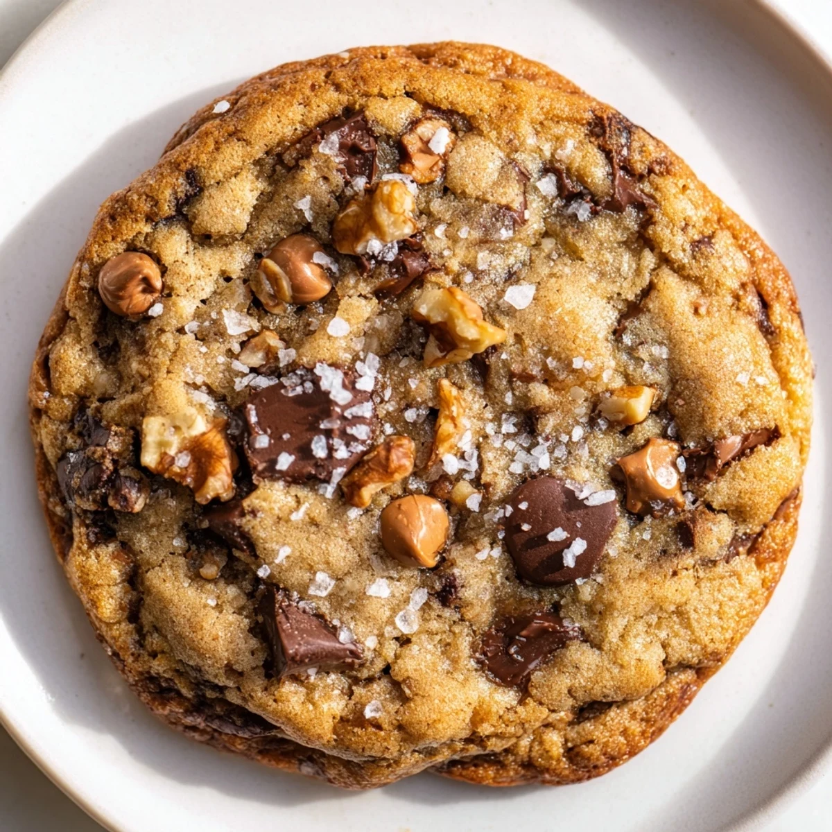 A freshly baked stack of Best Ever Butterscotch Chocolate Chip Cookies with sea salt, ready to enjoy.