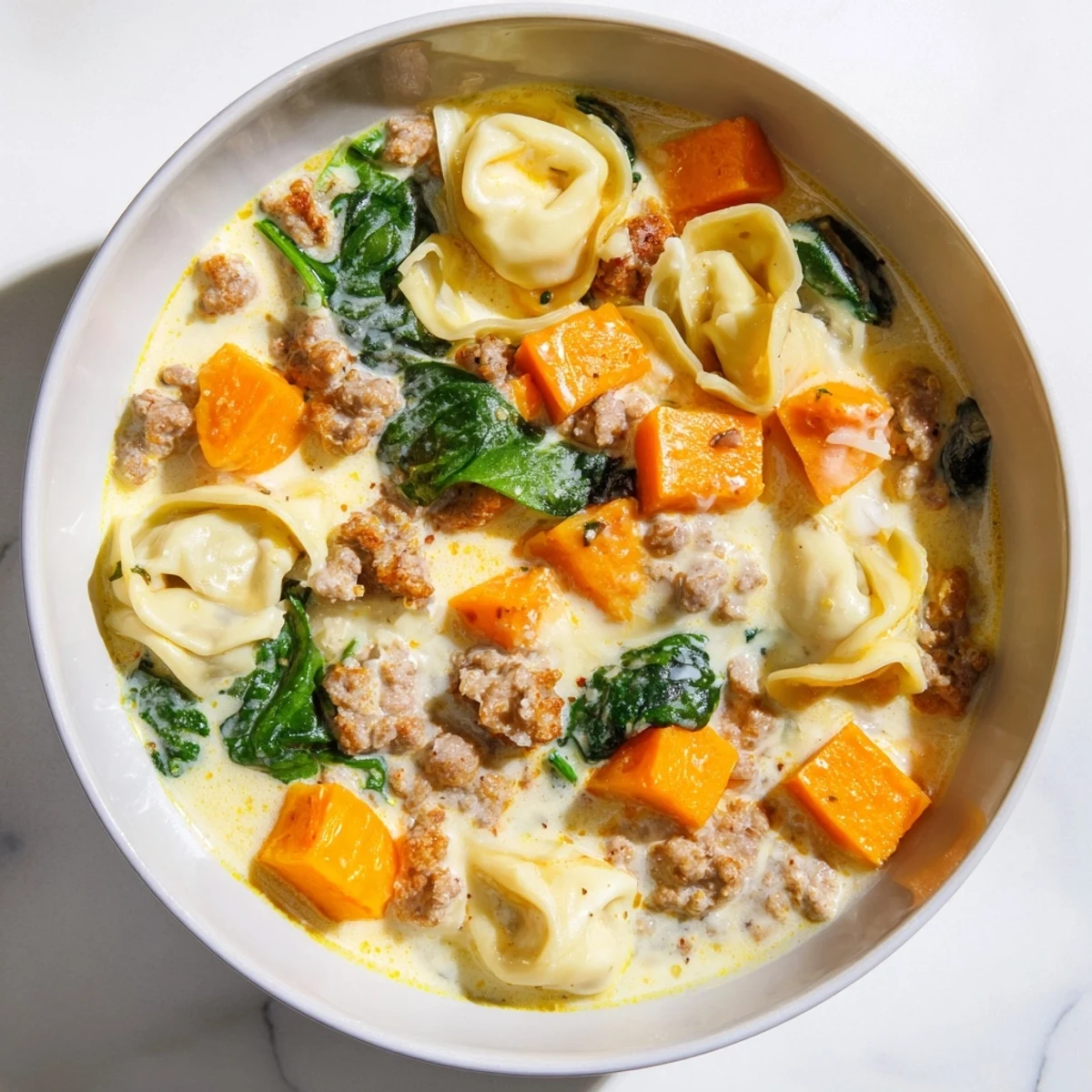 A steaming bowl of Creamy Sausage Tortellini Soup, rich and creamy, ready to enjoy with crusty bread.