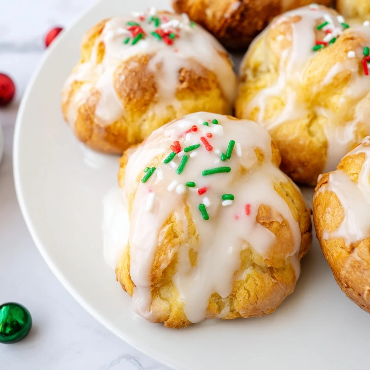 Quick Christmas Biscuit Bombs, fresh from the oven, glistening with a creamy glaze and sprinkles.