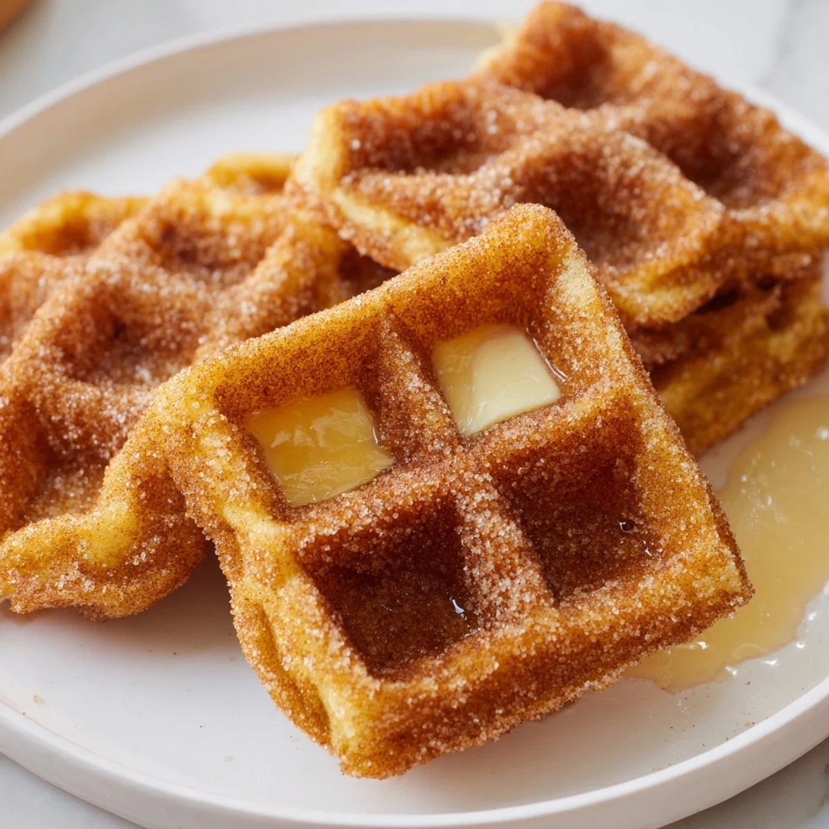 Golden Express Cinnamon Sugar Churro Waffles, coated in sweet cinnamon and ready to enjoy for breakfast.