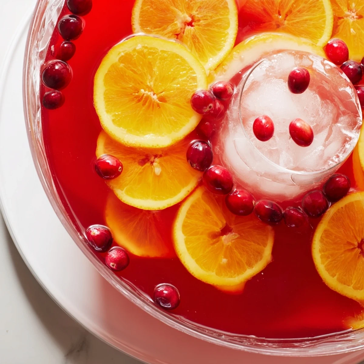 Festive Quick Holiday Punch with Ice Ring, showcasing floating citrus and cranberry fruit in a chilled beverage.