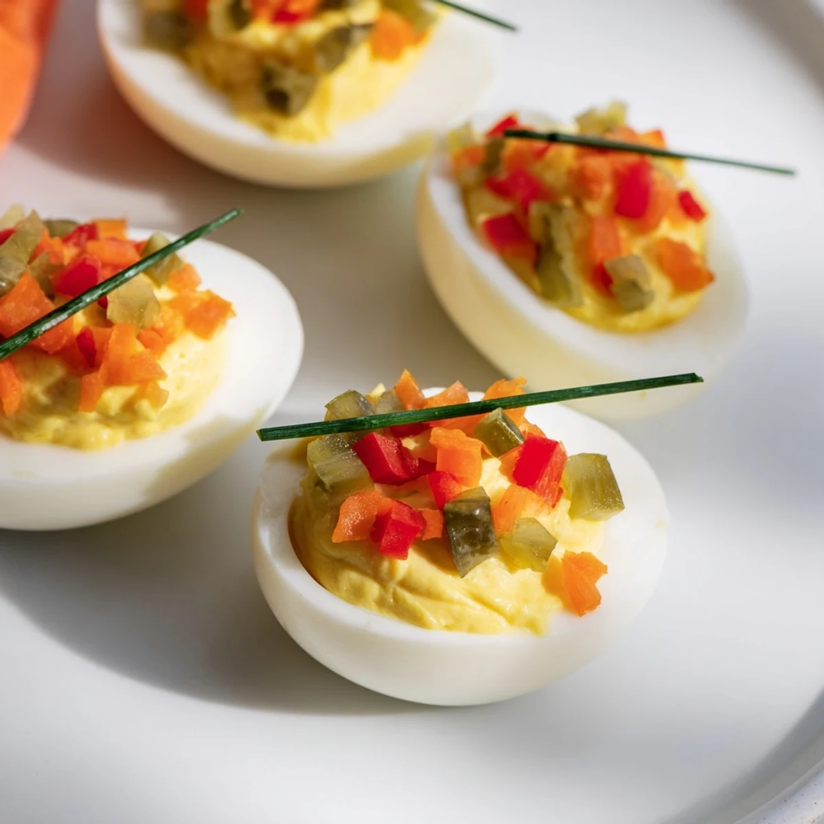 Vibrant red and green pepper designs top each of these Easy Festive Deviled Egg Ornaments.