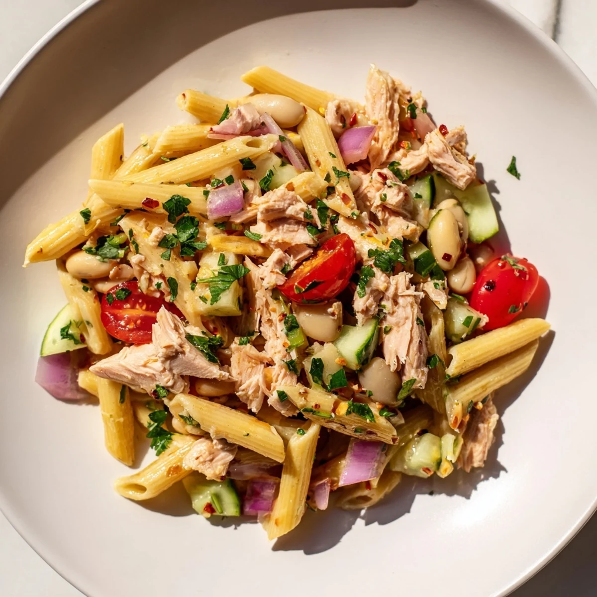 Flaky tuna and creamy beans mingle in this Spicy Tuna and White Bean Pasta Salad recipe, drizzled with zesty dressing.