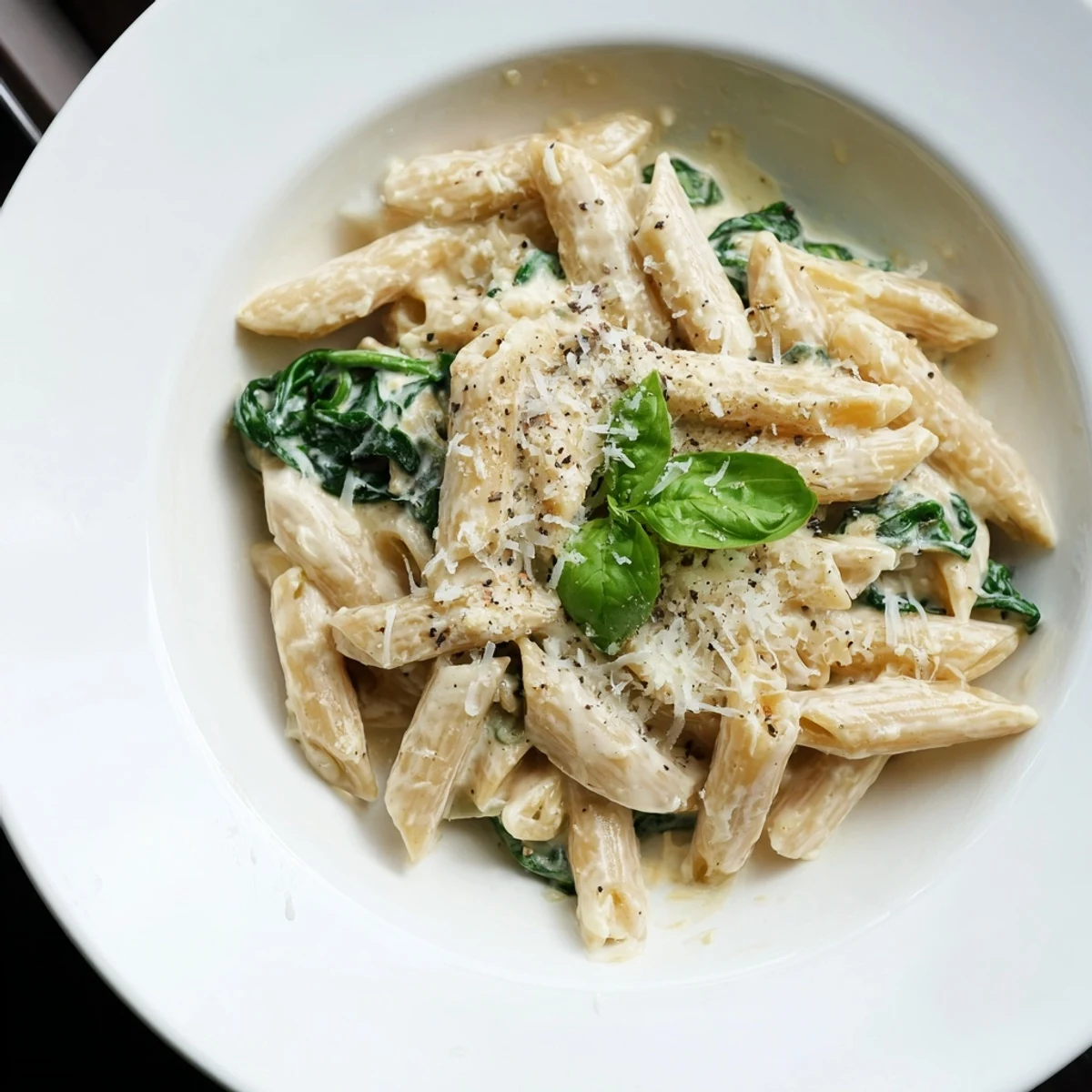 A close-up shot of a bowl brimming with flavorful Cottage Cheese Creamy Spinach Pasta, so creamy.