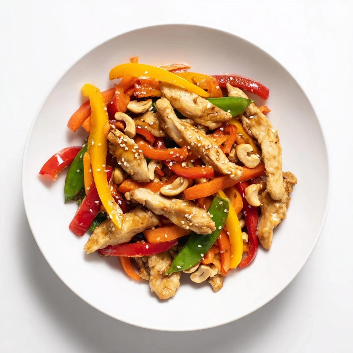 Fresh, flavorful High-Protein Chicken Stir-Fry Salad Bowl drizzled with a savory sesame-ginger dressing.