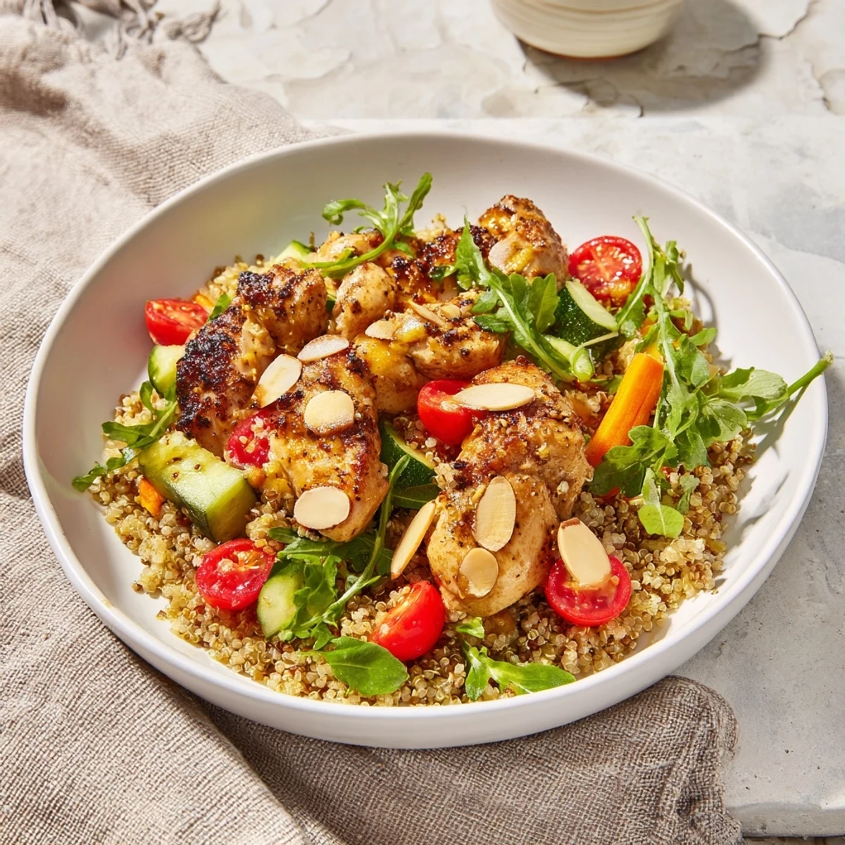 A refreshing bowl of Crunchy Quinoa Chicken Salad, bursting with colorful veggies and chicken.