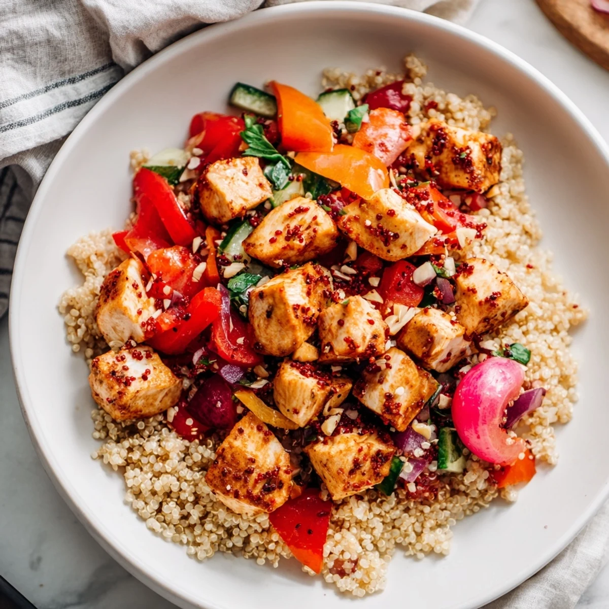 Close-up of freshly made Crunchy Quinoa Chicken Salad with toasted seeds, a simple and tasty meal.