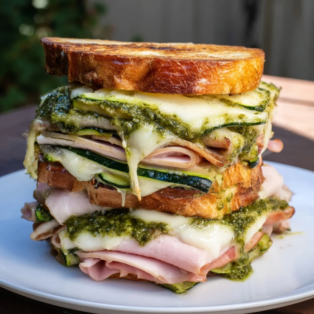 Golden, gooey Pesto Turkey Zucchini Grilled Cheese Stacks, a savory and satisfying lunch.