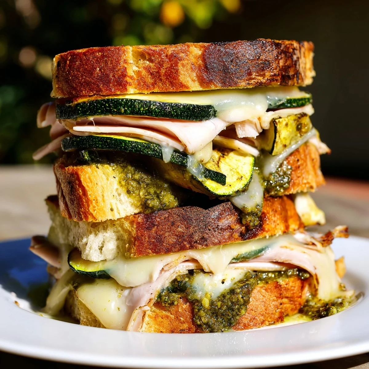 Perfectly grilled Pesto Turkey Zucchini Grilled Cheese Stacks with melted cheese and fresh pesto flavor.