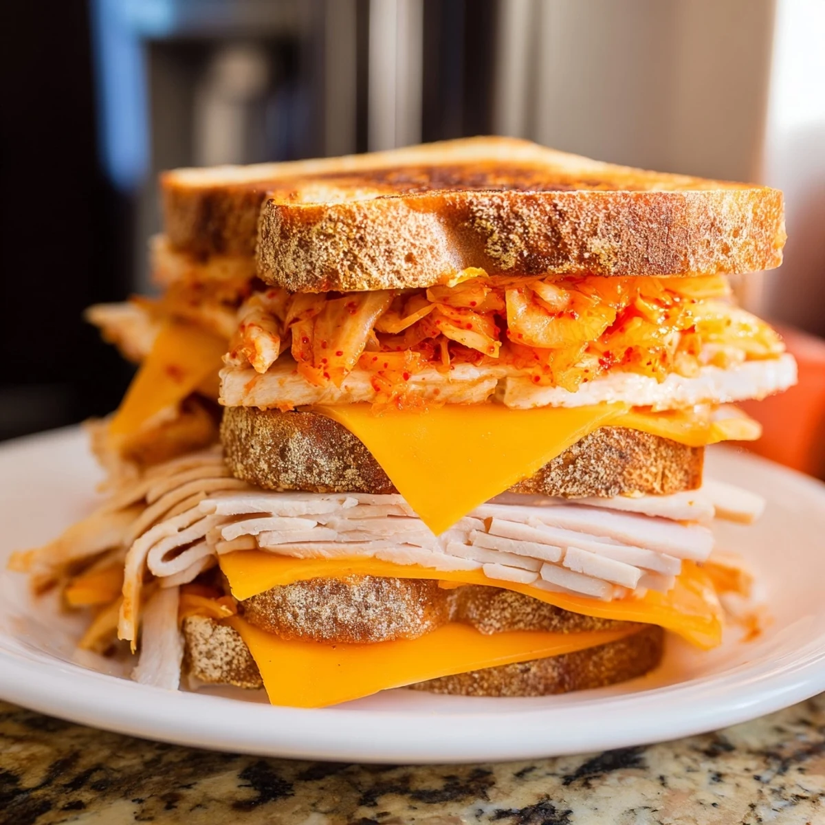 Kimchi Turkey & Cheddar Toasted Grilled Cheese oozes with melted cheddar; perfect for a quick, flavorful lunch.