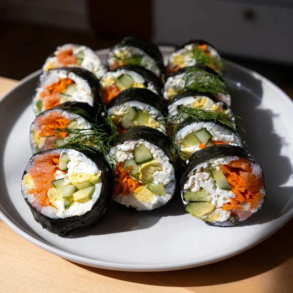 Festive High-Protein Sushi Wrap Smoked Salmon Holiday Roll: colorful and fresh, perfect for a holiday meal.